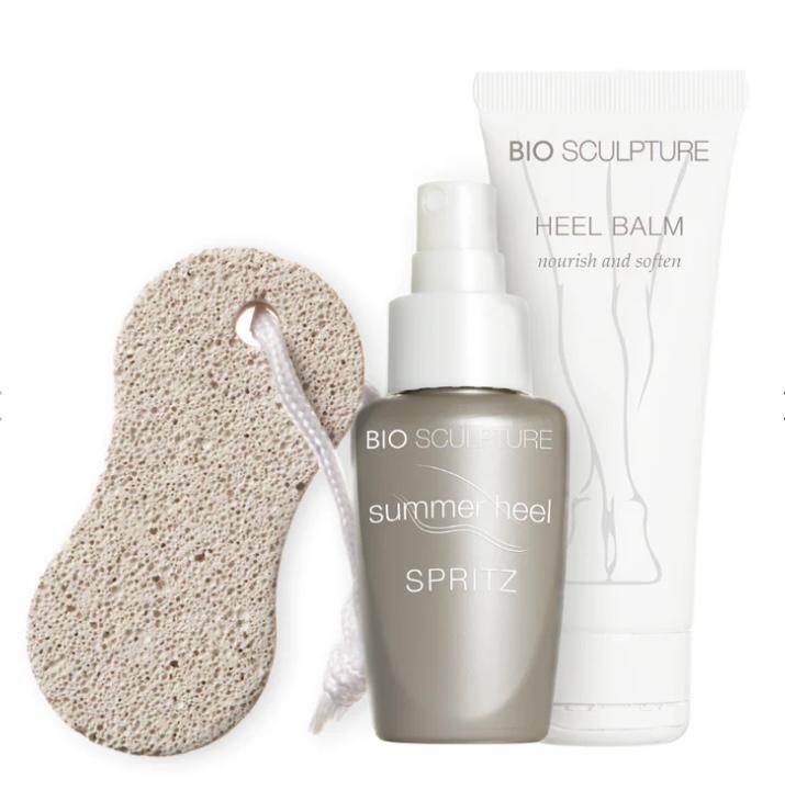 Selection of heel balm, spritz and sponge for foot care