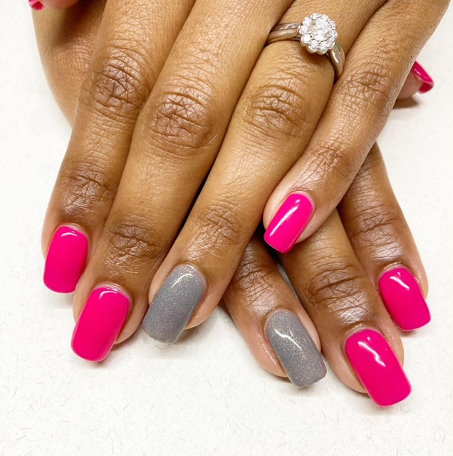 Pink nails with grey feature nail